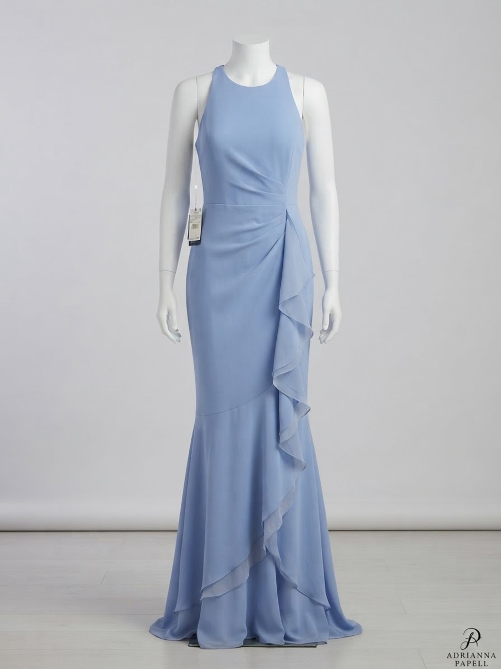 Adrianna Papell Powder Blue Halter Ruffle Evening Gown
